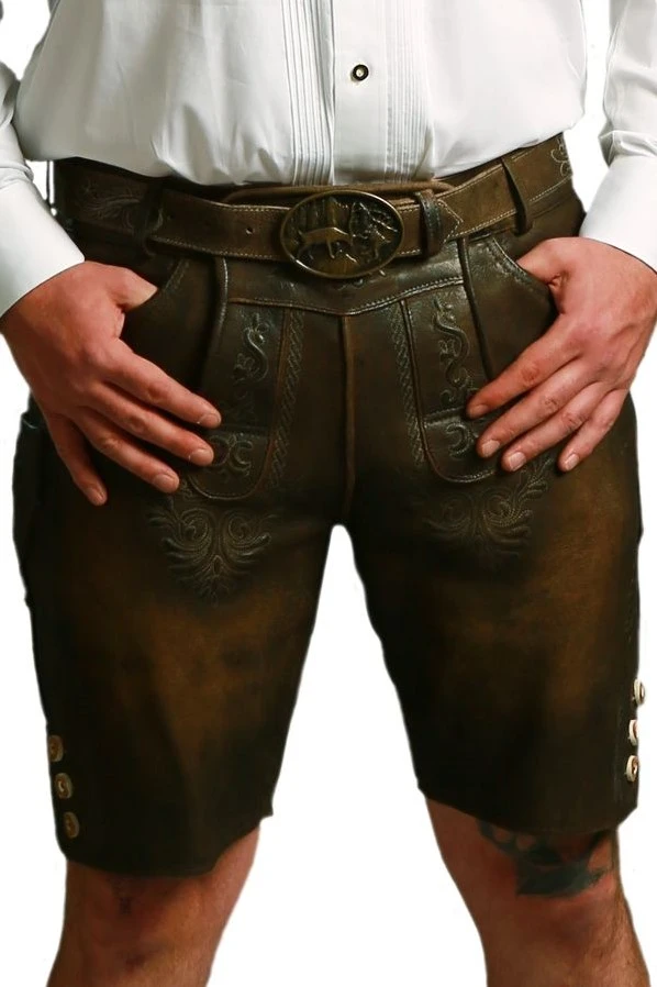 Overig Heren Lederhose Geitenleer Kort Bruin Met Riem